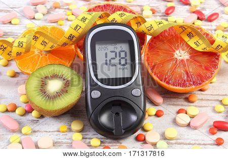 Glucometer With Result, Centimeter, Fruits And Medical Pills, Diabetes, Slimming, Healthy Lifestyle