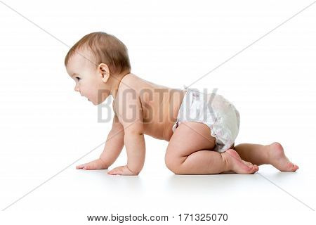 side view of pretty crawling baby isolated