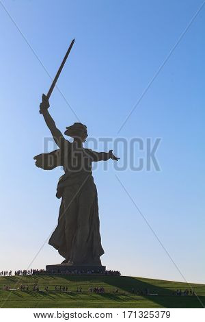 VOLGOGRAD, RUSSIA - MAY 9, 2013: The monument the Motherland calls of the Mamaev Kurgan in Volgograd. The hero city, the place of the battle of Stalingrad.