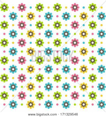Bright fun abstract seamless pattern with flowers isolated on white background
