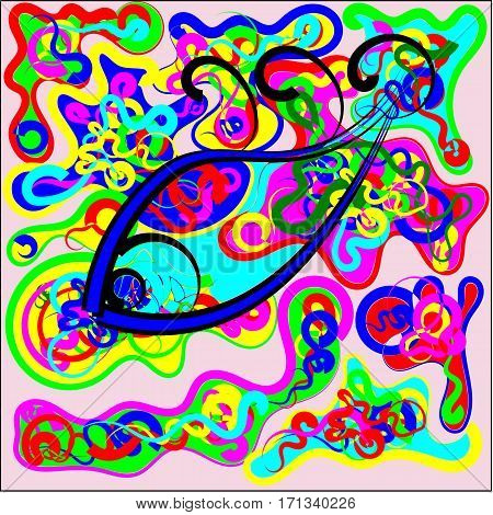 Abstract seamless colored fragments of pieces with colored threads of red, pink and blue, green and yellow waves from the center tend to throughout the drawing and an eye in the center of the picture
