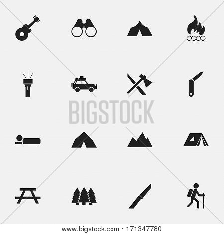 Set Of 16 Editable Camping Icons. Includes Symbols Such As Knife, Voyage Car, Clasp-Knife And More. Can Be Used For Web, Mobile, UI And Infographic Design.