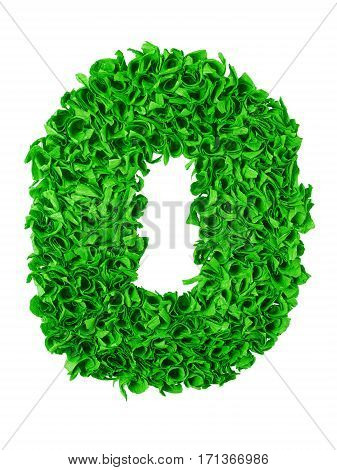 Zero. Handmade number 0 from green crepe paper isolated on white background. Set of numbers from scraps of paper