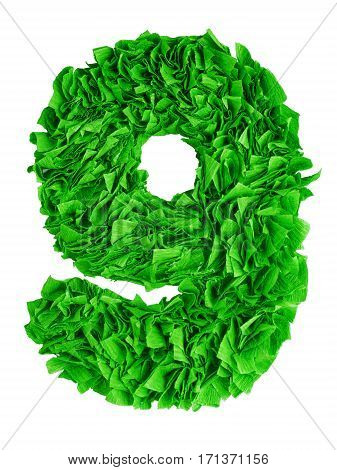 Nine. Handmade number 9 from green crepe paper isolated on white background. Set of numbers from scraps of paper