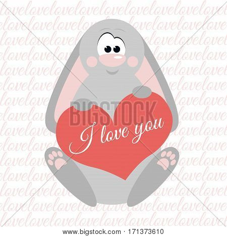 Valentine's day card. I love you. Cute bunny holding a heart.