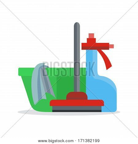 Cleaning service web banner. Basin with duster, broom and glass cleaner icon. Signs of clean in house. House washing equipment. Office and hotel cleaning. Housekeeping. Cleaning concept. Vector