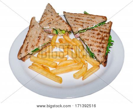 Very Tasty Chicken Sandwiches Club Lie On A Plate Isolated