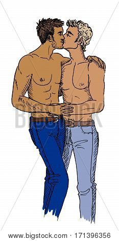 Two kissing gays. Hand-drawn illustration isolated on white