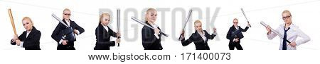 Businesswoman with baseball bat on white