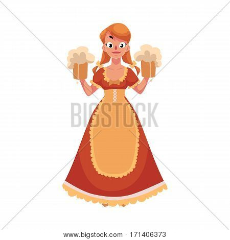 Woman in traditional German, Bavarian, Austrian country dress holding beer mugs, Oktoberfest, cartoon vector illustration isolated on white background. German girl in traditional Oktoberfest costume
