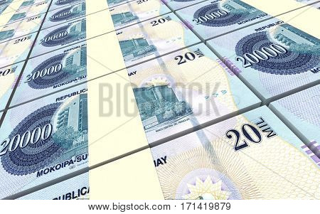 Paraguyan Guarani bills stacked background. 3D illustration.