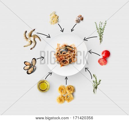 Cooking italian food, seafood pasta, isolated on white. Frutti di mare with fettuccine spaghetti. Mussels, prawn, shrimp, calamari rings and other ingredients around plate with dish