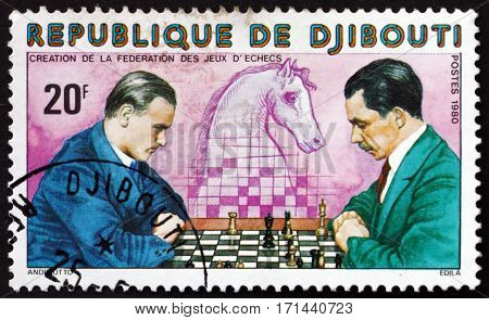 DJIBOUTI - CIRCA 1980: a stamp printed in the Djibouti shows Chess players knight circa 1980