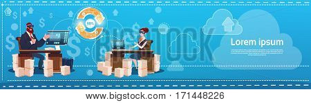 Business Man And Woman Wear Digital Virtual Reality Glasses Sitting Desk Office Working Place Laptop Flat Vector Illustration