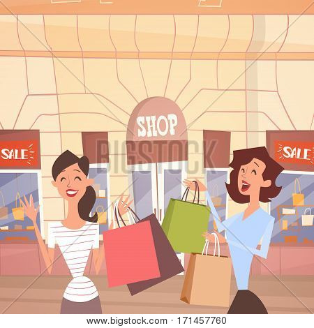 Cartoon Woman Couple With Shopping Bag Big Sale Banner Retial Store Exterior Flat Vector Illustration