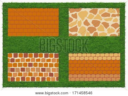 Different types of stone and brick masonry. The pattern of brickwork for background with green grass. Vector illustration. Horizontal location.