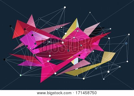 Abstract 3D triangles vector geometric background. Lines connected with dots, low polygon design