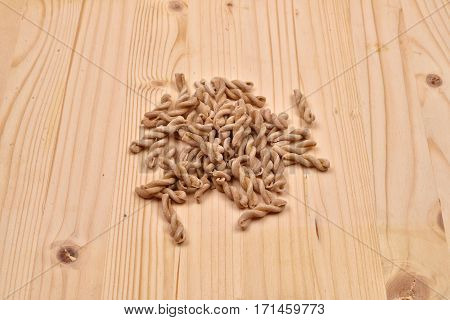 Wholemeal Pasta Fusilli From Organic Whole Grain Spelt On A Rustic Wooden Table. Whole Wheat Pasta,