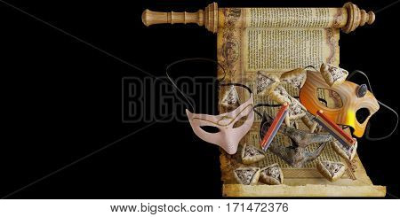 happy purim holiday, jewish traditional holiday background photo on isolate black
