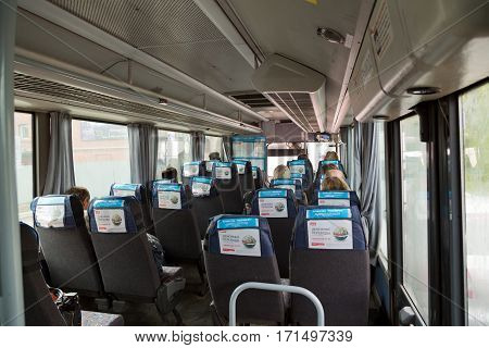 MOSCOW/RUSSIA - MAY 17,2014: Interior of the typical intercity bus in Moscow region, Russia.