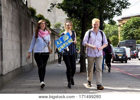 LONDON - July 2nd: Protesters at the march for europe protest on July the 2nd 2016 in London england uk. An estimated 35 thousand attended the march.