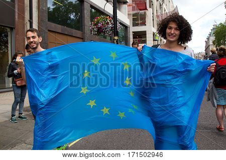 LONDON - July 2nd: Protesters at the march for europe protest on July the 2nd 2016 in London england uk. An estimated 35 thousand attended the march.