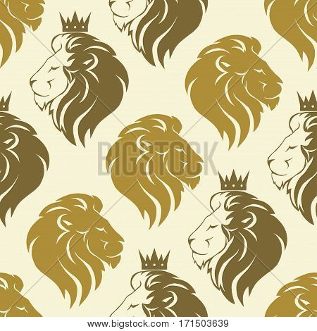 Lions seamless pattern, lion head with crown logo, royal cat profile texture. Vector
