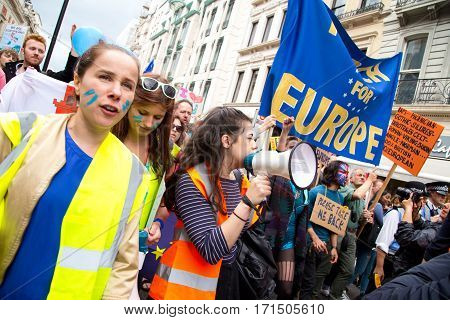 LONDON - July 2nd: Protesters at the march for europe protest on July the 2nd 2016 in London england uk. An estimated 35 thousand attended the march.