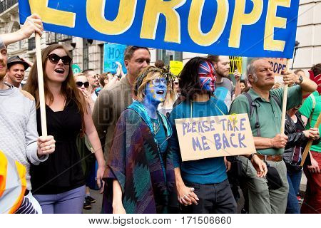 LONDON - July 2nd: Protesters at the march for europe protest on July the 2nd 2016 in London england uk. An estimated 35 thousand attended the march.