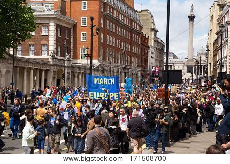 LONDON - July 2nd: Protesters at the march for europe protest on July the 2nd 2016 in London england uk. An estimated 35 thousand attended the march.