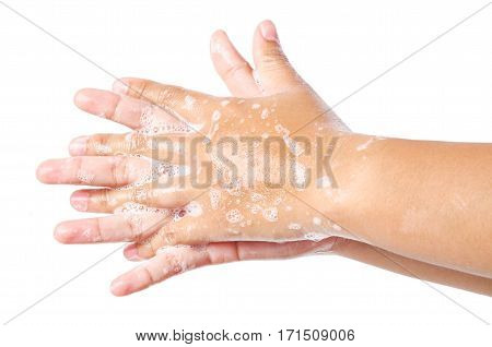 Hands washing with bubble soap isolated on white background.
