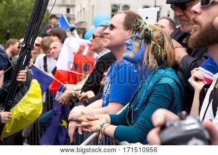 LONDON - July 2nd: Protesters at the march for europe protest on July the 2nd 2016 in London england uk. An estimated 35 thousand attended the march.
