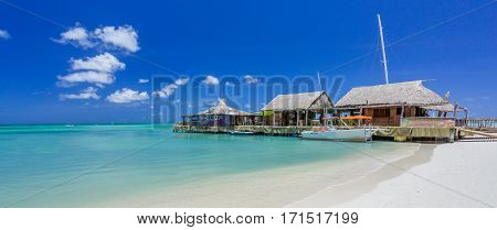 Cafe on tropical beach at Aruba on the palm beach