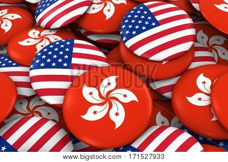 Usa And Hong Kong Badges Background - Pile Of American And Hong Kongese Flag Buttons 3D Illustration