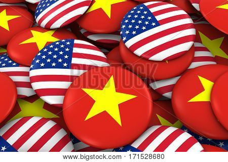 Usa And Vietnam Badges Background - Pile Of American And Vietnamese Flag Buttons 3D Illustration