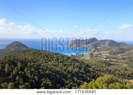 Majorca mountain panorama Mediterranean Sea and town Camp de Mar near Peguera Spain