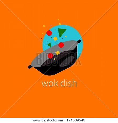Logo dishes wok with frying pan and flying vegetables. Vector illustration.
