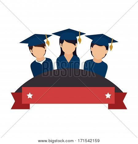 colorful emblem with ribbon and students graduates vector illustration