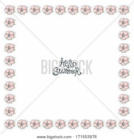 Vector floral frame with gentle pink flowers. Nature square hand drawn border on white background.