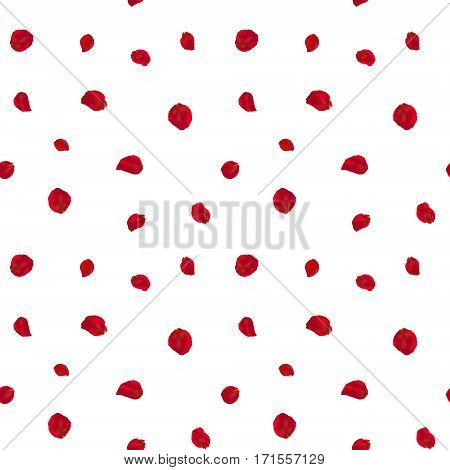 Background with red rose petals. Eps 10 vector. Seamless pattern with red flower petals against white background. Valentines day background.
