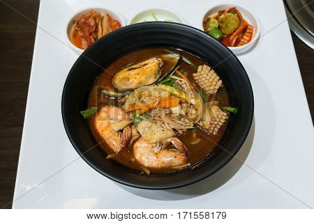 Closeup Jjamppong Or Jjampong (korean Spicy Seafood Noodle Soup)