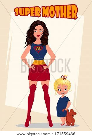 Super mother standing with her little baby girl. Superhero woman in costume. Cartoon cute characters. Vector illustration.