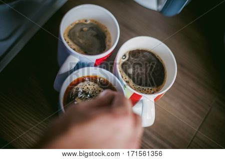 Man Making Coffee. A Married Man With A Ring On Her Finger, Brew Your Morning Coffee At Breakfast Fo