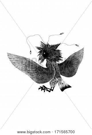 Mythological animal bird female Gamayun on white background black silhouette. Stylized folk pagan drawing. Bird of paradise and happiness.
