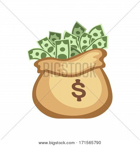 Dollar paper business finance money stack in bag of bundles us banking edition and banknotes bills isolated wealth sign investment currency vector illustration. American loan commerce concept.