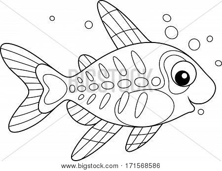Black and white vector illustration of a small tropical fish with a transparent body