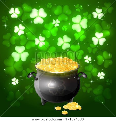 Green background of St. Patrick's Day with glittering clovers and gold leprechaun, illustration.