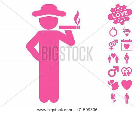 Smoking Gentleman pictograph with bonus marriage images. Vector illustration style is flat iconic pink symbols on white background.