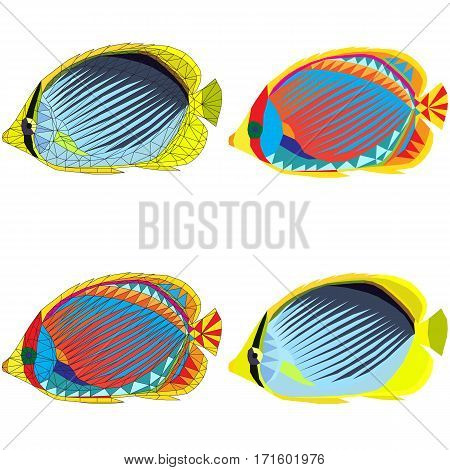 set of colorful mosaic tropical fish. isolated on white background. vector illustration.