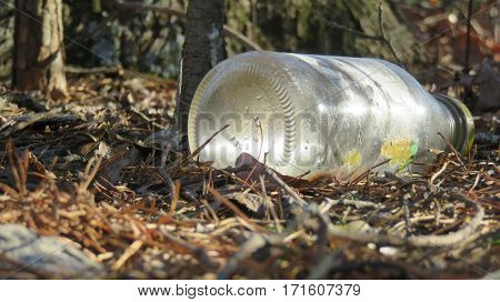 A close up of bottle left in the woods